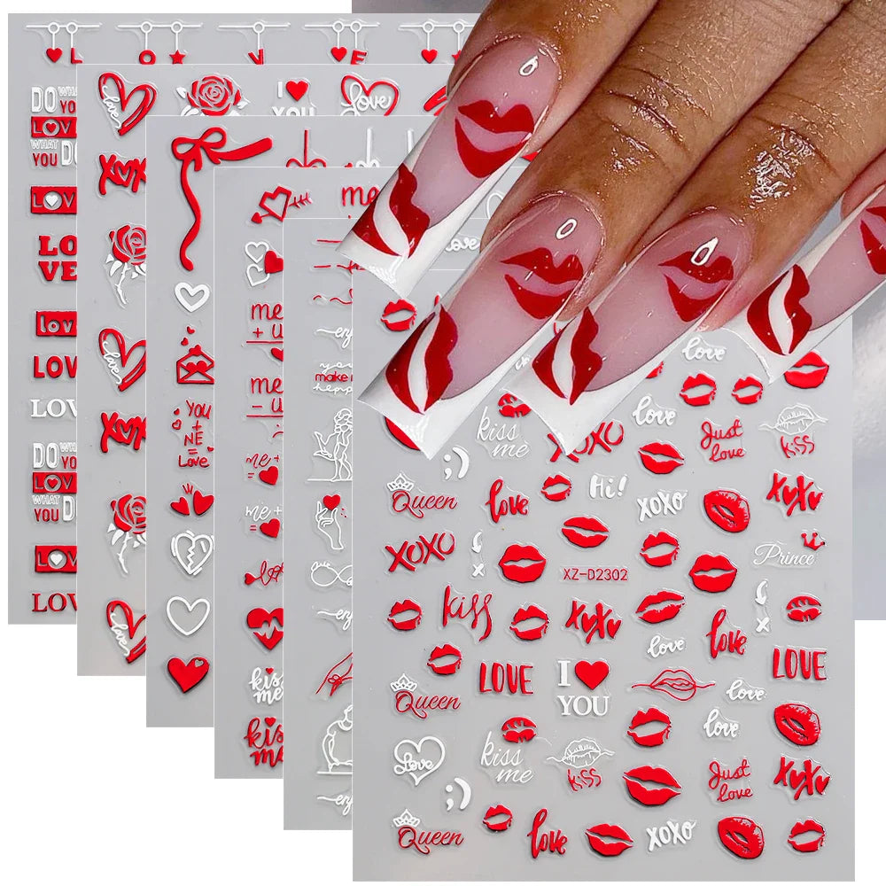 12 Sheets Valentines Nail Stickers Red Heart Nail Art Sticker Decal Solid Hollow Heart 3D Self-Adhesive Design Nail Art Supplies (ONLINE ORDER ONLY)