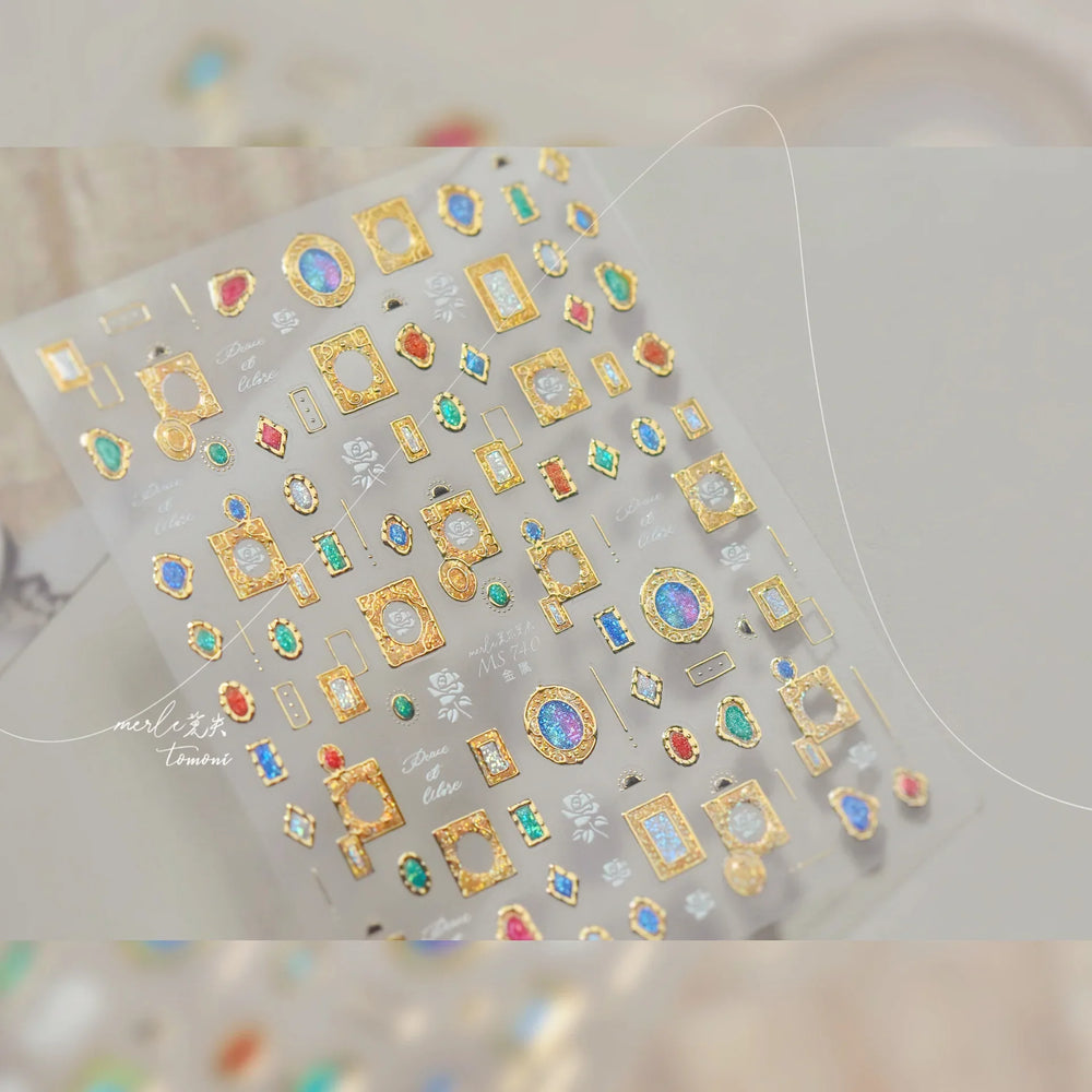 Retro Glass Geometry Glaze Rectangle Round Rose Camellia Adhesive Nail Art Stickers Frame Gemstone Charm Noble Manicure Decals (ONLINE ORDER ONLY)