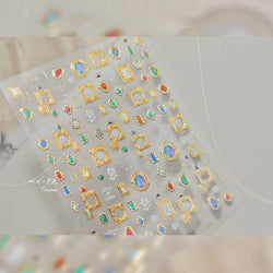 Retro Glass Geometry Glaze Rectangle Round Rose Camellia Adhesive Nail Art Stickers Frame Gemstone Charm Noble Manicure Decals (ONLINE ORDER ONLY)