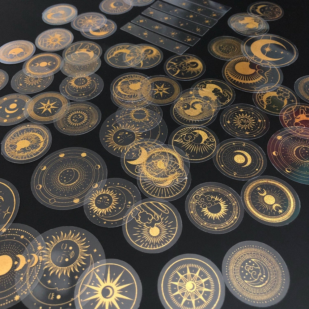 70 pcs Glitter Gold PET Adhesive Stickers Waterproof Transparent Label: SUN MOON Stars etc (ONLINE ORDER ONLY)