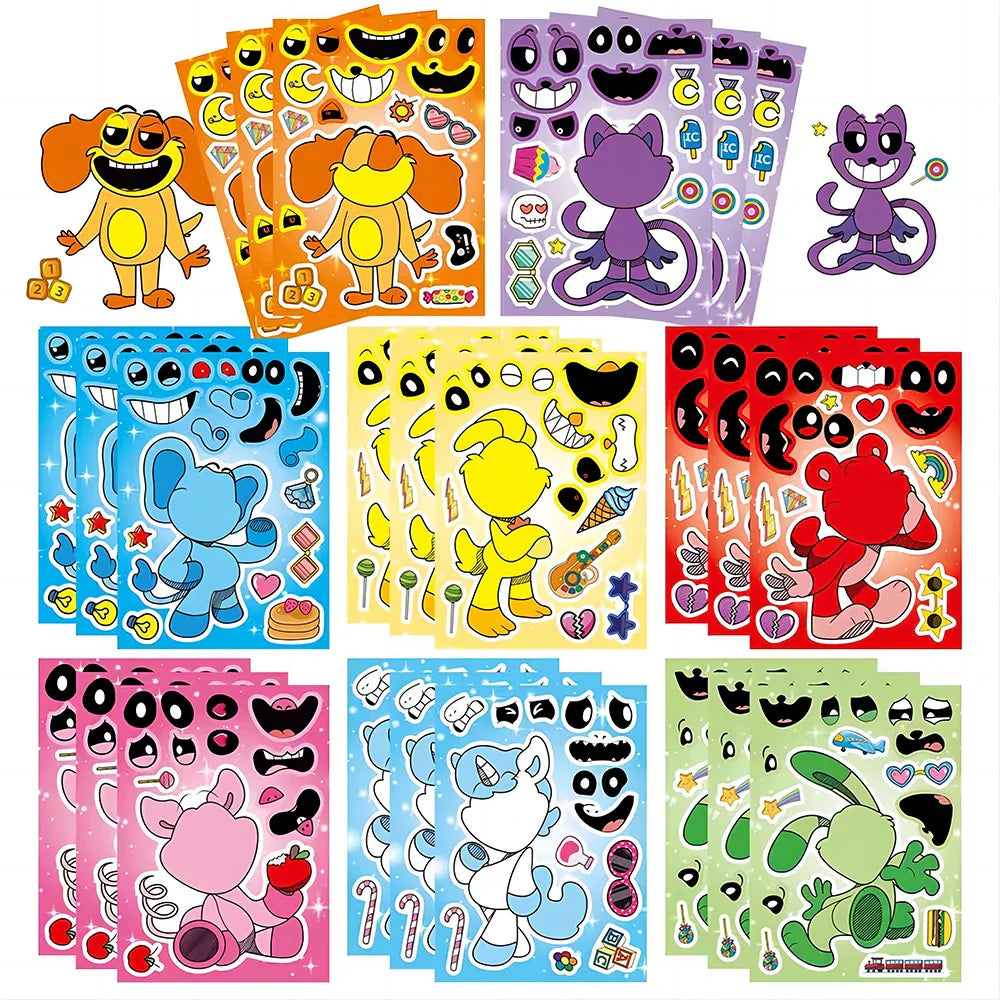 8/16Sheets Children DIY Smilling Critters Make a Face Puzzle Stickers Anime Character Jigsaw Assemble Kids Game Gift Party Favor (ONLINE ORDER ONLY)