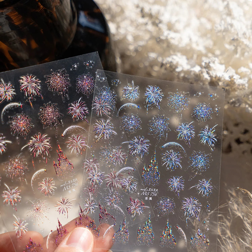 Colorful Fireworks Blooming Castle Romantic Brilliant Sky Self Adhesive Nail Art Stickers Star Shiny Rhinestone Manicure Decals (Online Order Only)