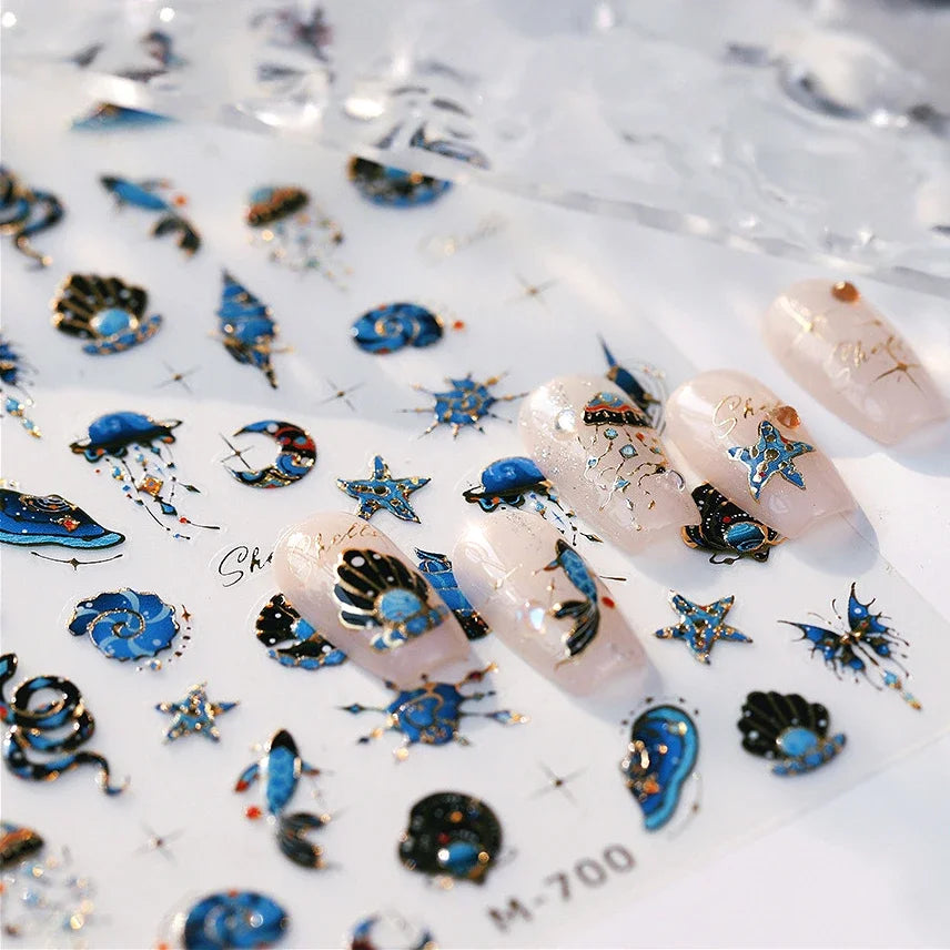 Blue Butterfly Planet Star Conch Snake Shell Clam Pearl Whale Jellyfish Moon Adhesive Nail Art Stickers Dreamy Manicure Decals (Online Order Only)