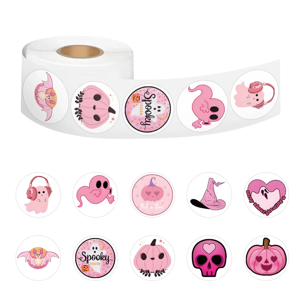 500pcs/Roll Pink Halloween Cartoon Sealing Sticker DIY PVC Laptop Decals Decoration Stiker Reward Gift Toys (ONLINE ORDER ONLY)