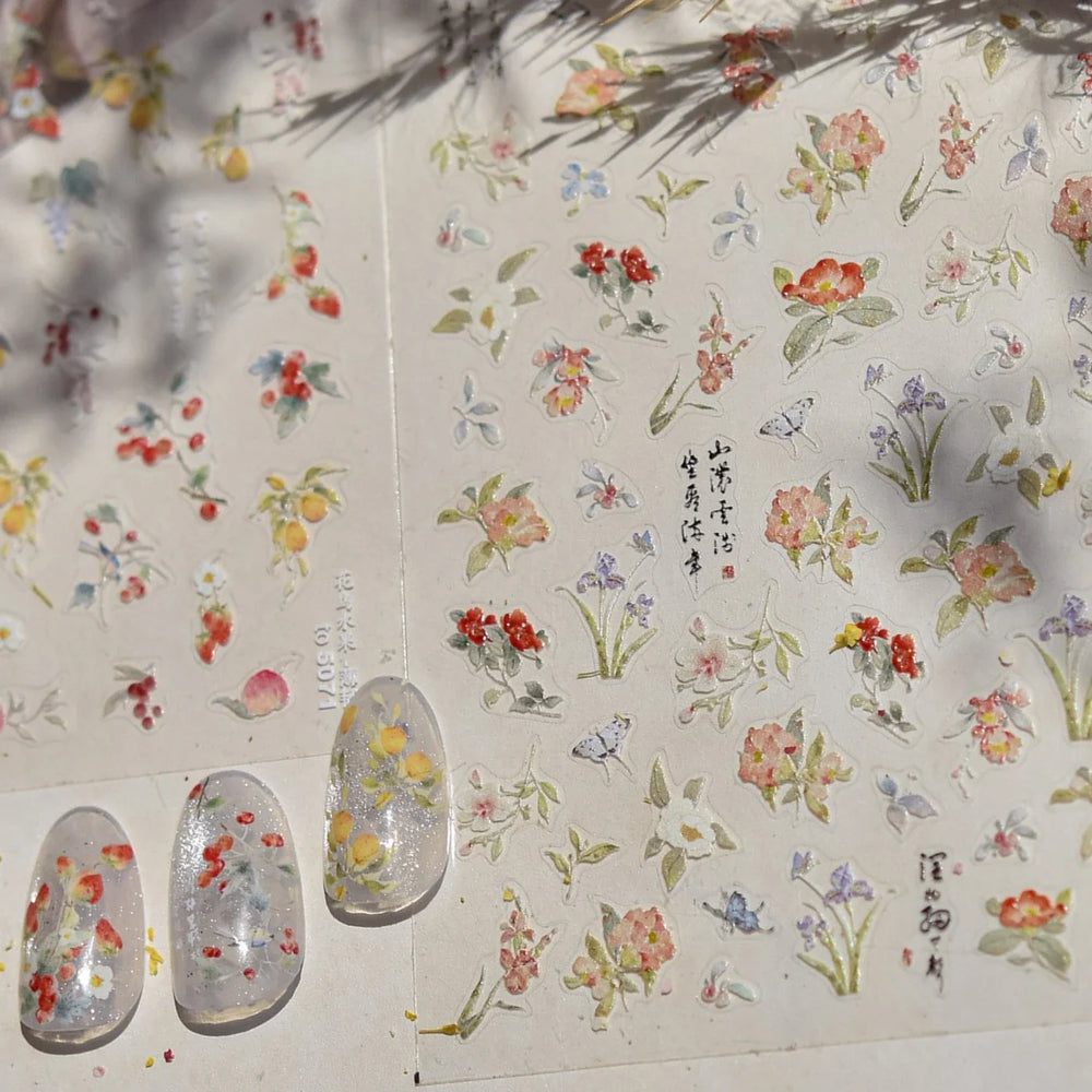 Strawberry Cherry Loquat Longan Peach Grapes Plant Red Bean Fruit Flat Realistic Painting 3D Nail Art Stickers Manicure Decals (ONLINE ORDER ONLY)