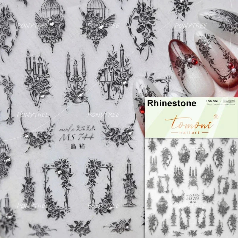 Retro Candlestick Holder Rose Rambler Birdcage Photo Frame Lace Self Adhesive Nail Art Sticker Charm Rhinestone Manicure Decal (Online Order Only)