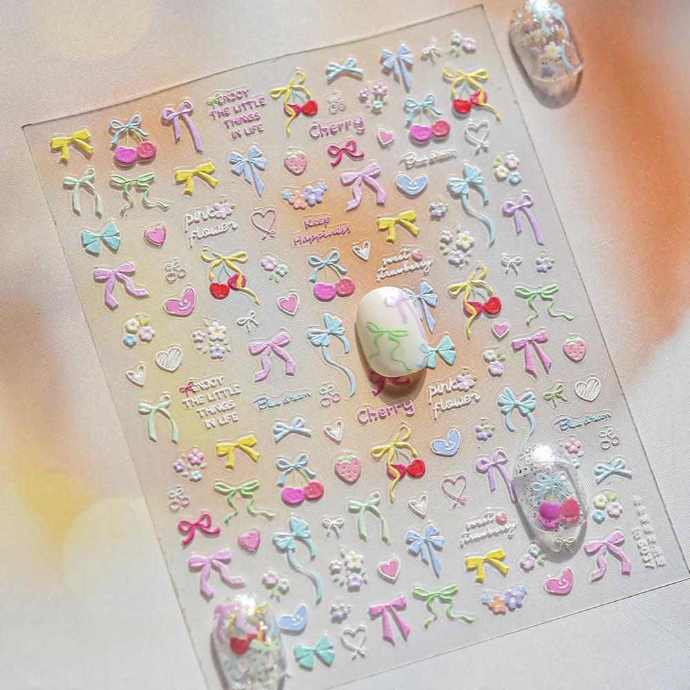 Doodle Pink Blue Ribbon Bowknot Flower Cherry Strawberry Graffiti Love Heart Delicate Embossed Nail Art Sticker Manicure Decals (ONLINE ORDER ONLY)