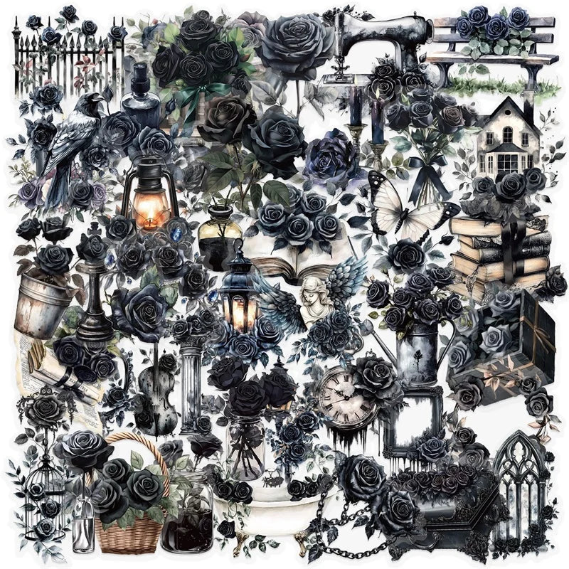 50PCS Kawaii Black Rose PET Sticker Aesthetic Transparent Decoration Scrapbooking Stationery DIY Hand Accounting Supplies (ONLINE ORDER ONLY)