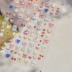 Cute Lucky Bear Apple Core Star Bowknot Flower Delicious Cookies Cherry Cake Dessert Milk Vase Adhesive Nail Art Stickers Decals (ONLINE ORDER ONLY)