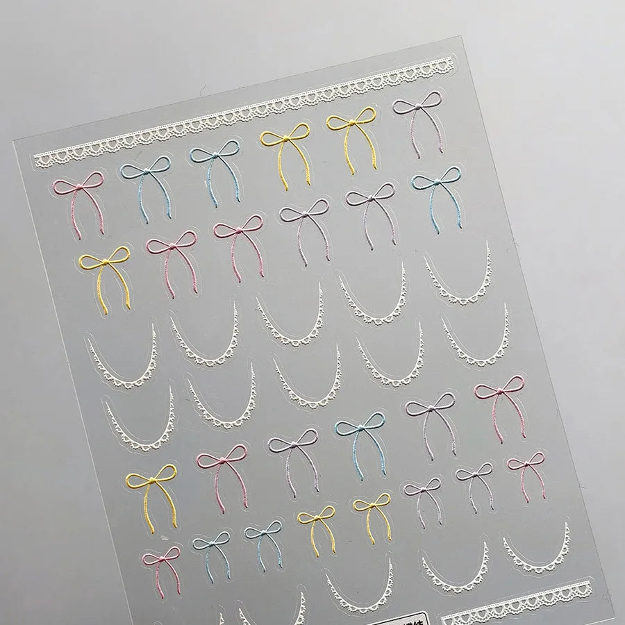 Pink Blue Purple Lovely Line Bowknot Lace Arc Curve Romantic Delicate Cording Embossed Adhesive Nail Art Sticker Manicure Decal (ONLINE ORDER ONLY)