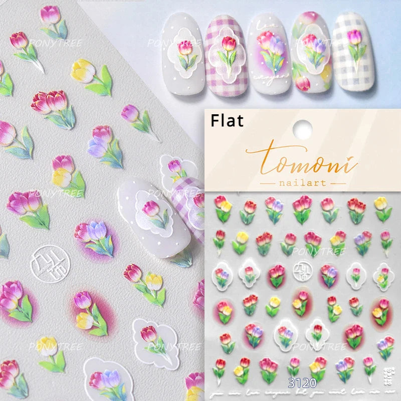 Chic Lavender Tulip Flower Bowknot Totem Center Symmetric Pattern Daisy Line Gird Self Adhesive Nail Art Stickers Manicure Decal (ONLINE ORDER ONLY)