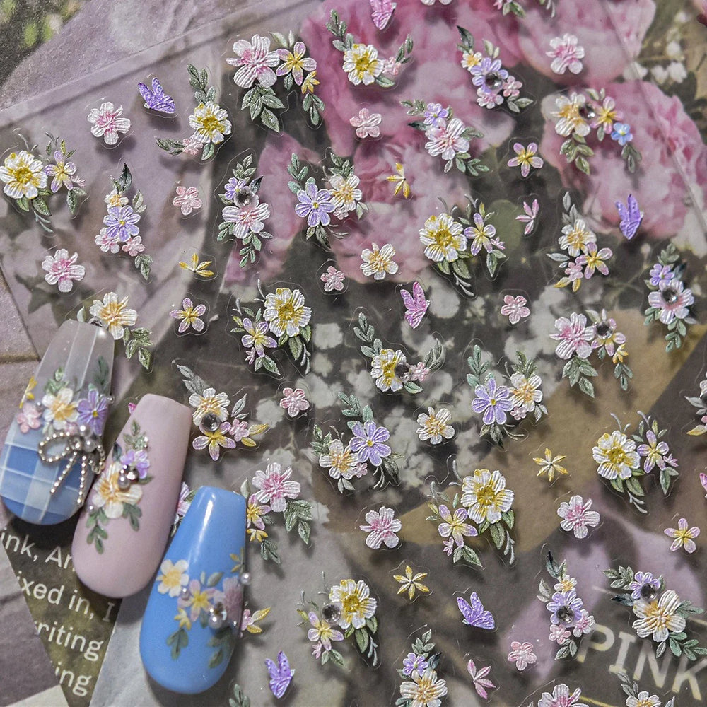 Flower Garden Purple Yellow Pink Daisy Butterfly Delicate 5D Soft Relief Adhesive Nail Art Decoration Sticker 3D Manicure Decals (ONLINE ORDER ONLY)
