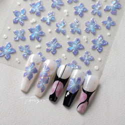Charming Dreamy Shiny Jelly Blue Gradient Lily Flowers Rose Petal White Dot Chinese Colorful Nail Art Stickers Manicure Decals (ONLINE ORDER ONLY)