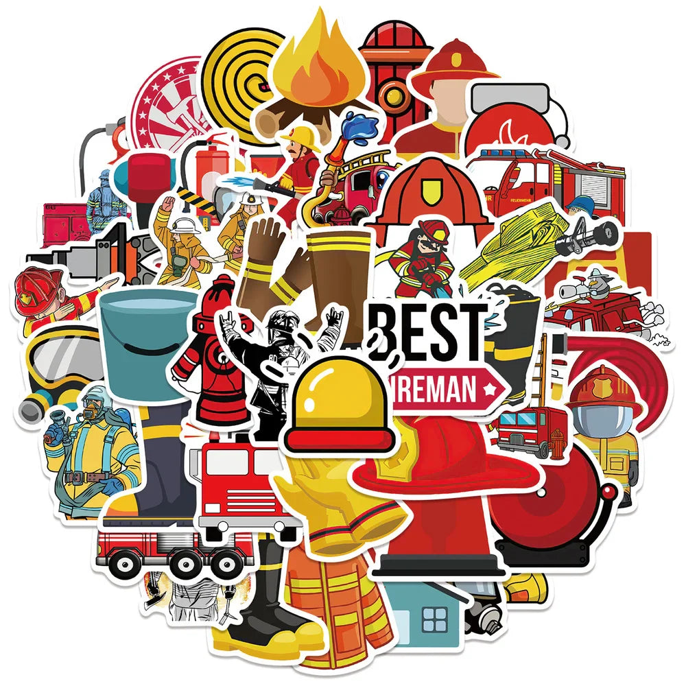 10/52Pcs Cartoon Red Firefighter Waterproof Cool Stickers for Scrapbook Skateboard Snowboard Laptop Luggage Bicycle Kids Toys (ONLINE ORDER ONLY)