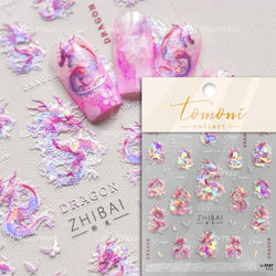Chinese Dragon Auspicious Beast Mythological Legend Noble Loong Blue Pink Soft Relief Adhesive Nail Art Sticker Manicure Decals (ONLINE ORDER ONLY)