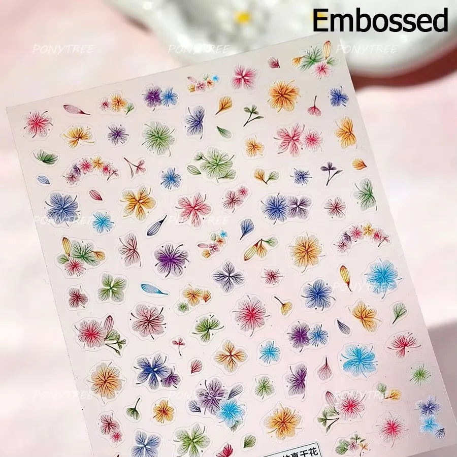 Colorful Dried Flowers Wreath Floral Plant Petal Bud Garden Charming 5D Reliefs Self Adhesive Nail Art Stickers Manicure Decals (Online Order Only)