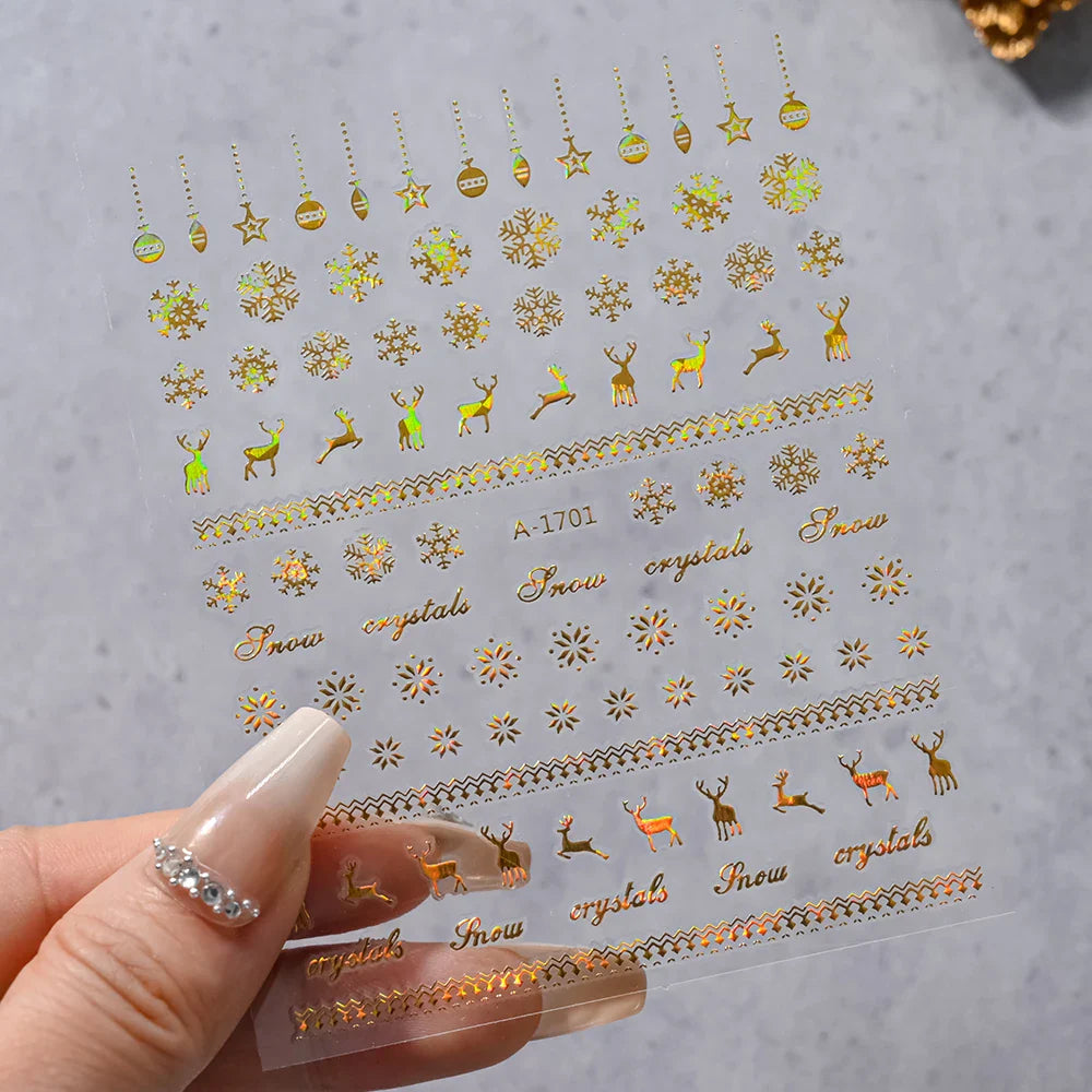 1PCS Laser Gold Snowflake Christmas Tree Nail Sticker 3D Adhesive Nail Decals Nail Art Accessories New Christmas Decoration 2024 (ONLINE ORDER ONLY)
