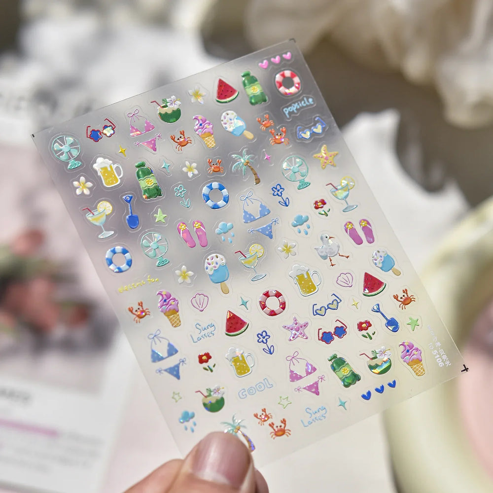 Summer Beach Bikini Watermelon Cat Popsicle Swim Ring Ice Cream Shell Coconut Tree Nail Art Decoration Stickers Manicure Decals (Online Order Only)