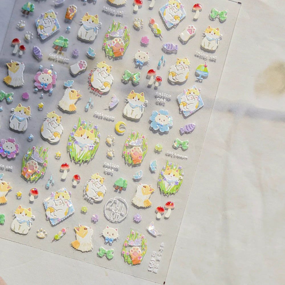 Picnic Cat Kitten Bowknot Flower Fish Butterfly Tree Mushroom Star Moon Cat's Paw Adhesive Nail Art Sticker Cute Manicure Decals (Online Order Only)