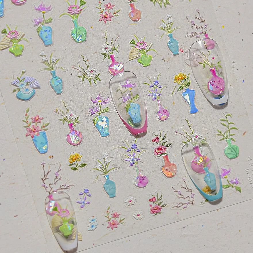 Orchid Daisy Chrysanthemum Peach Blossom Lotus Flower Vase Floral Art Fan Wintersweet Adhesive Nail Art Stickers Manicure Decals (Online Order Only)