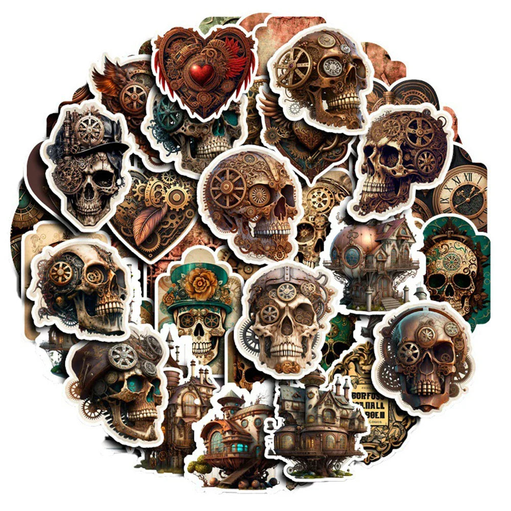 10/30/50pcs Vintage Steampunk Skull Collection Sticker Packs (ONLINE ORDER ONLY)