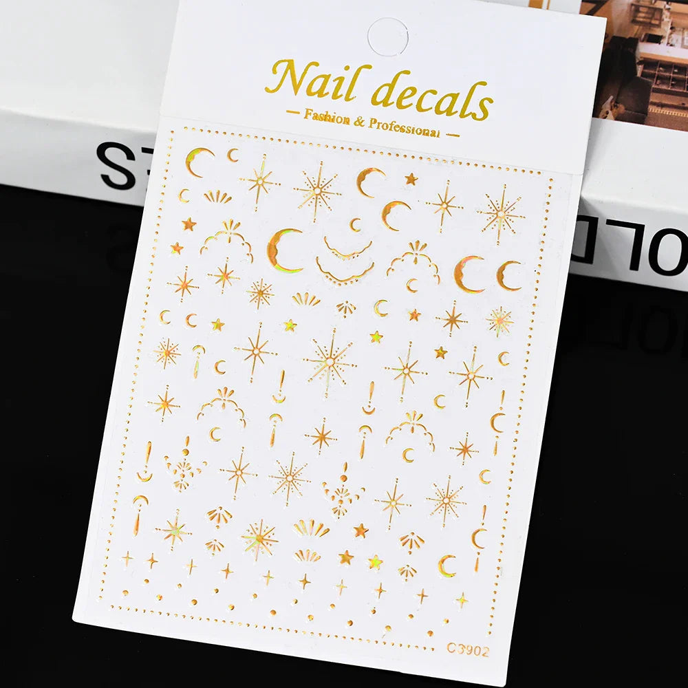 Gold Silver Wing Nail Art Stickers 3D Metal Chain Heart Love Sun Moon Star Gel Polish Adhesive Manicure Slider Decor Accessories (ONLINE ORDER ONLY)