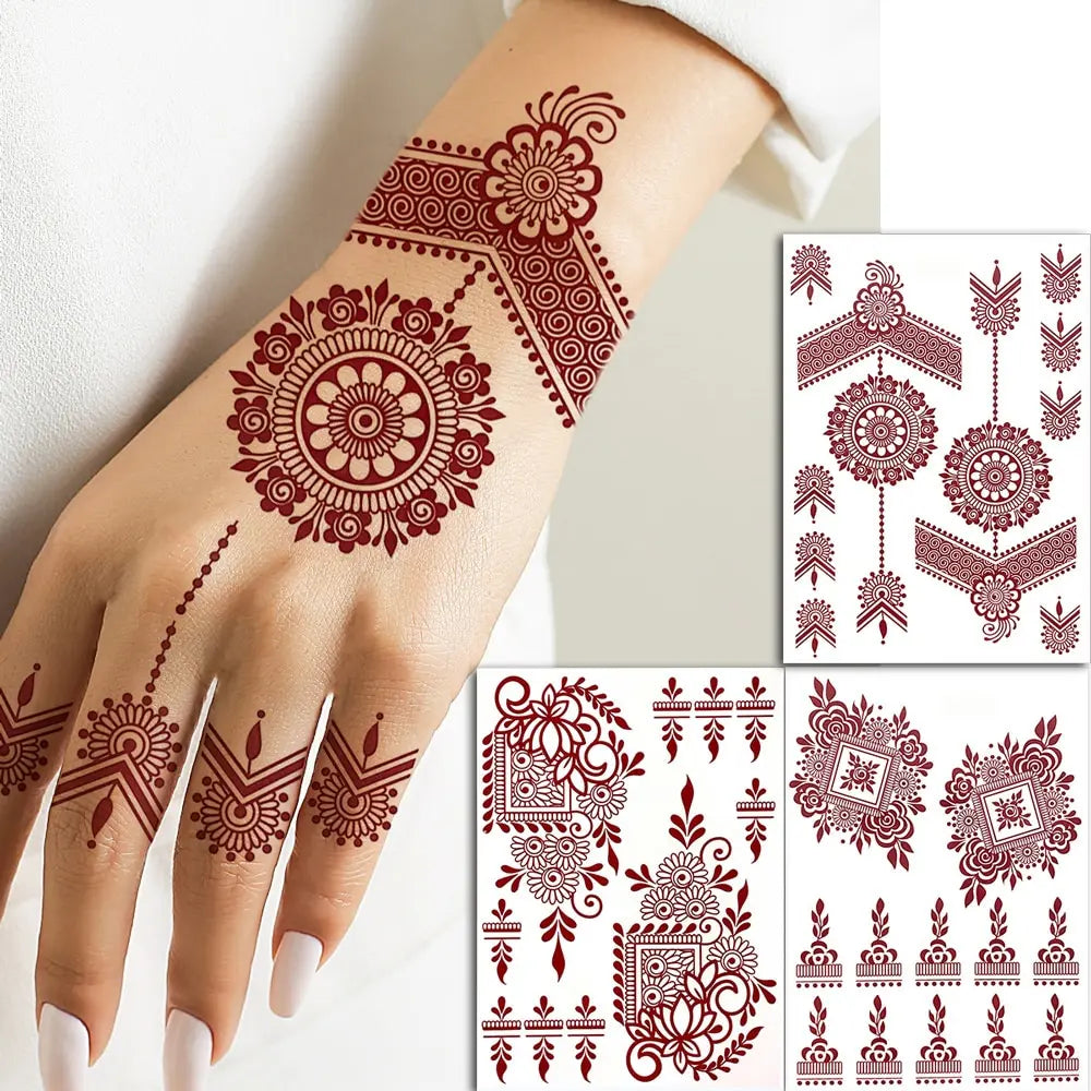 Waterproof Henna Tattoo Stickers for Women Flower Instant Fake Tattoo for Hand Temporary Tattoos for Wedding Party Festival (Online Order Only)