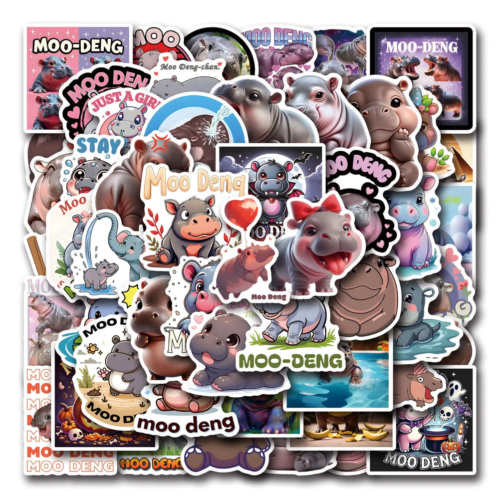 Moo Deng Hippopotamus Stickers 10/30/50PCS Kawaii Animal Decals for Laptop, Luggage, Guitar, Bike, Kids Toy (Online Order Only)