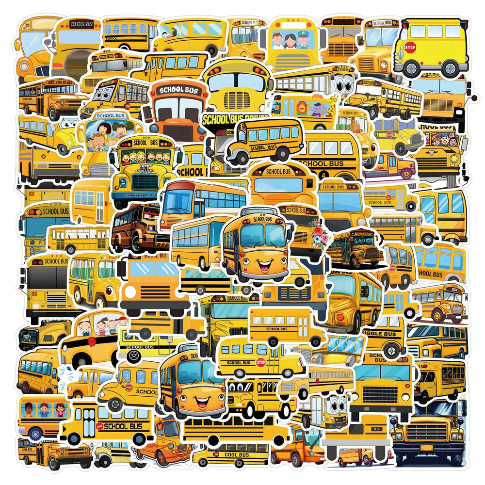 Yellow School Bus Cartoon Stickers - 10/30/50/110PCS for Fridge, Laptop, Luggage, Skateboard, Graffiti (Online Order Only)