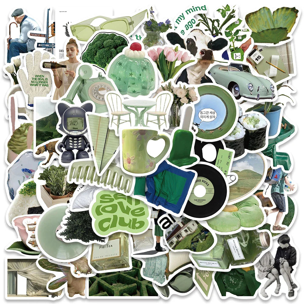 62pcs Ins Style Laptop Decals DIY Spring Green Aesthetic Stickers For Luggage Guitar Phone Diary Waterproof Graffiti Kids Toy (Online Order Only)