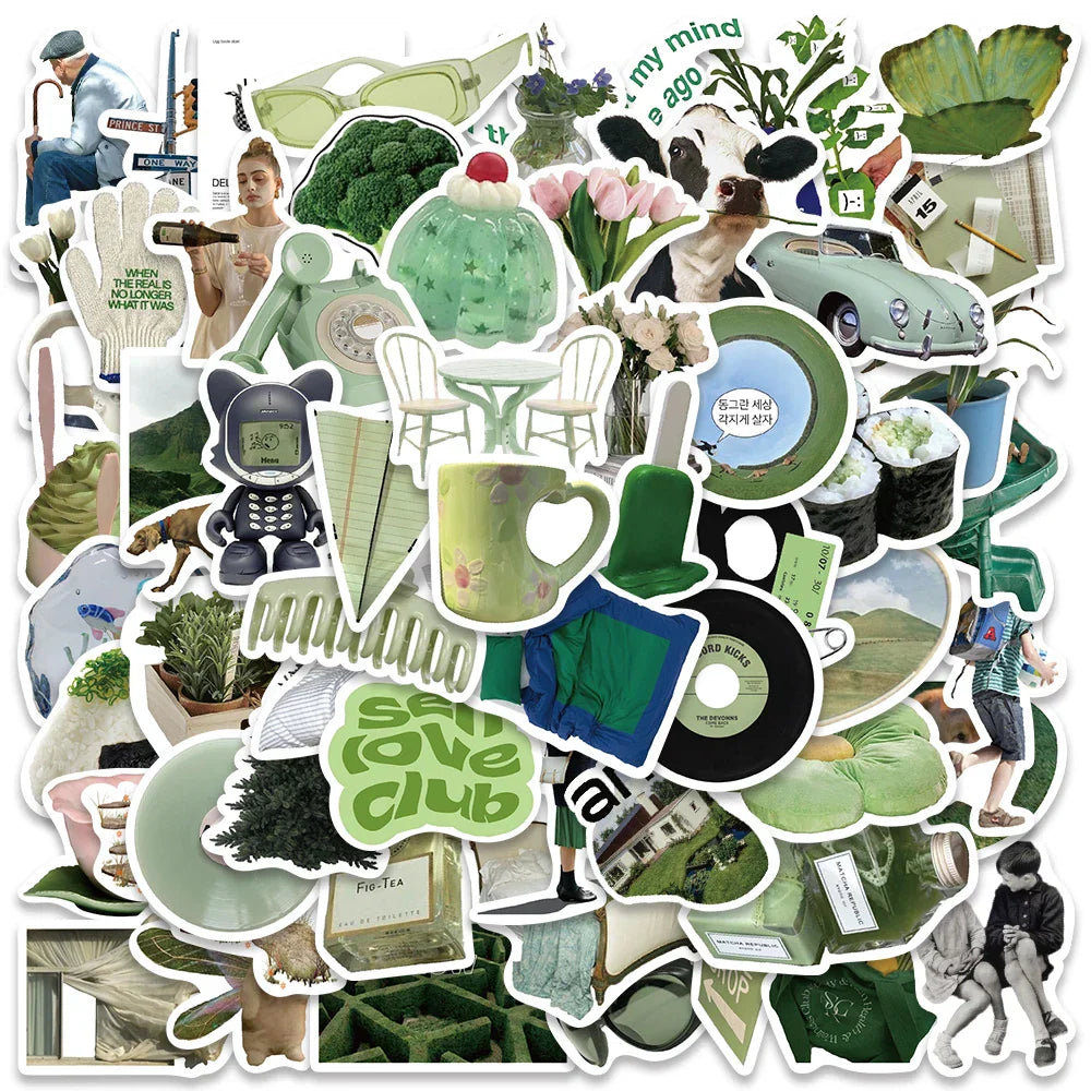 62pcs Ins Style Laptop Decals DIY Spring Green Aesthetic Stickers For Luggage Guitar Phone Diary Waterproof Graffiti Kids Toy (Online Order Only)