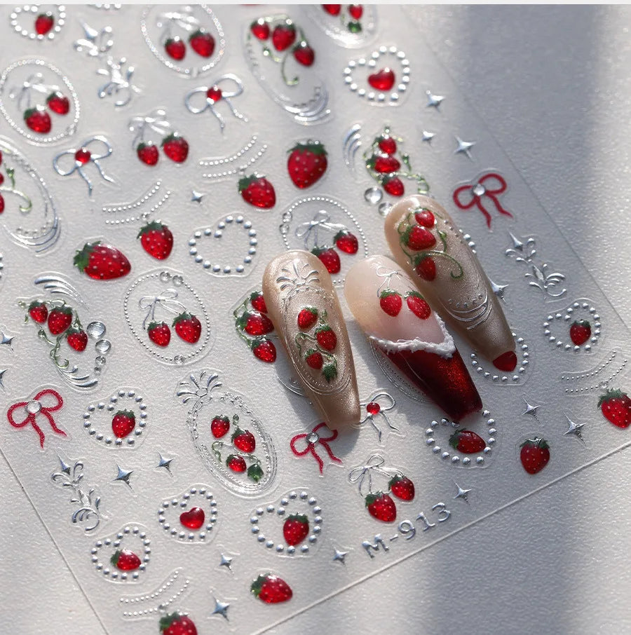 Mini Fruit Cherry Charming Strawberry Ribbon Line Bowknot Jelly Charming Chic Self Adhesive Nail Art Stickers Manicure Decals (ONLINE ORDER ONLY)