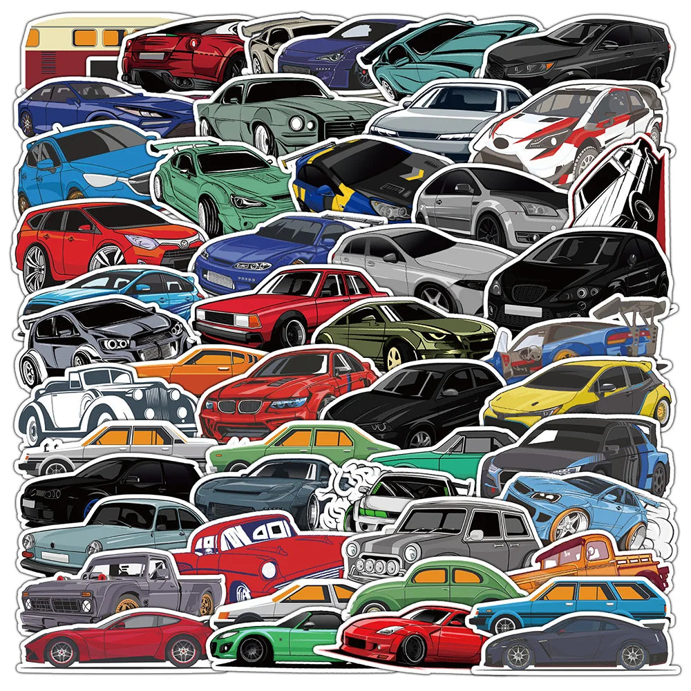 Colorful Racing Car Stickers for Phone, Laptop, Luggage, Skateboard - Fun Cartoon Decals for Kids (10/30/50PCS) (Online Order Only)