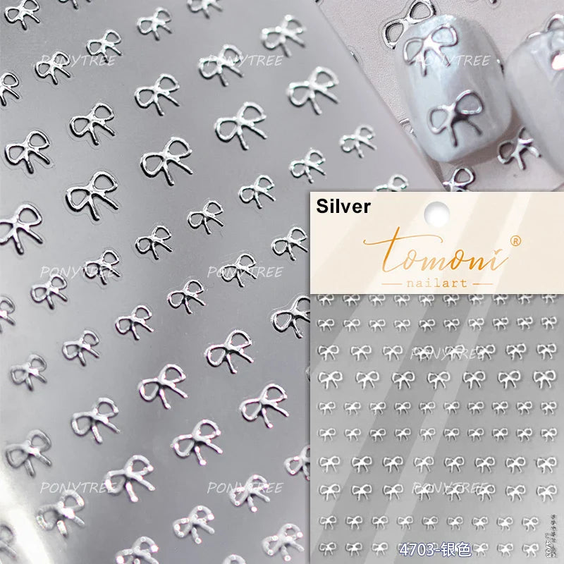 Shiny Pink Silver Gold Bowknot Tie Line Mini Delicate 3D 5D Self Adhesive Nail Art Stickers Embossment Rhinestone Manicure Decal (Online Order Only)