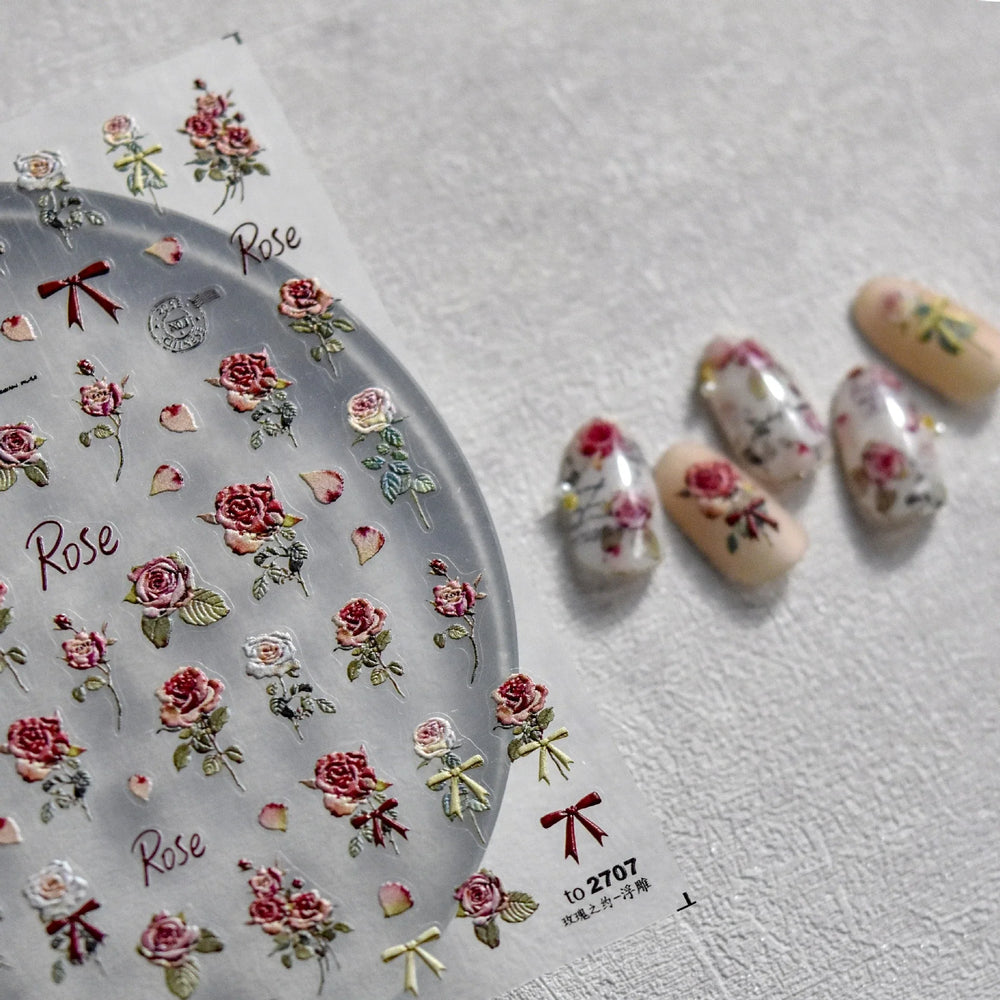 Retro Rose Flowers Bowknot Petal Romantic 5D Soft Embossed Relief Self Adhesive Nail Art Decoration Stickers 3D Manicure Decals (ONLINE ORDER ONLY)