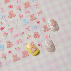 Charming Cherry's Cake Cute Bowknot Pink Blue Bear Flower Bouquet Strawberry Adhesive Nail Art Sticker Rhinestone Manicure Decal (Online Order Only)