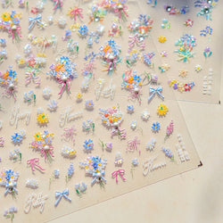 Cute Spring Flowers Purple Blue White Bowknot Rose Garden Daisy 5D Soft Embossed Relief Adhesive Nail Art Sticker Manicure Decal (ONLINE ORDER ONLY)