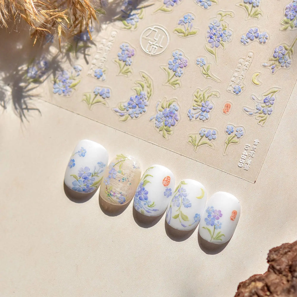 Vibrant and Lively Pullulate Purple Blue Snow Orchid Flower Garden Springtime Adhesive Nail Art Sticker Chic 3D Manicure Decals (Online Order Only)