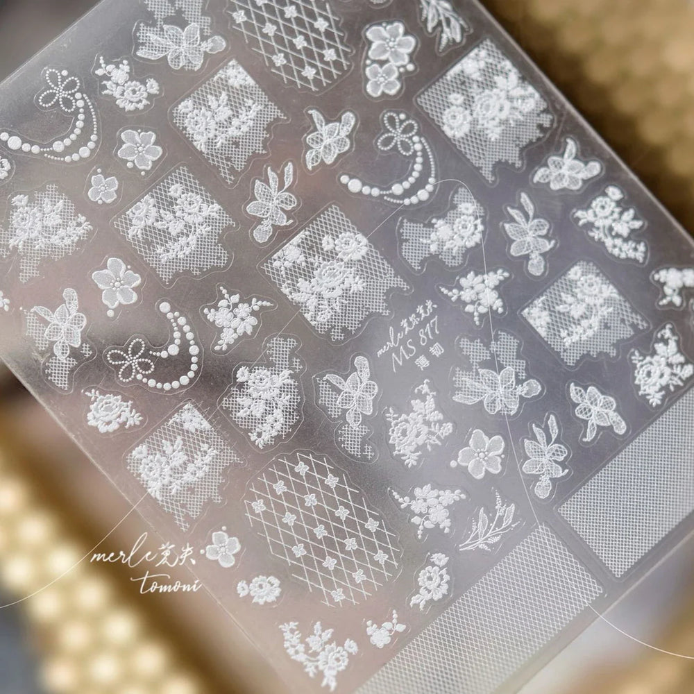 Dreamy Lace Rose Flower Fabric Art Tender Gauze Gird Pearl Pendant Irregular Pattern Nail Art Stickers Decoration Manicure Decal (ONLINE ORDER ONLY)