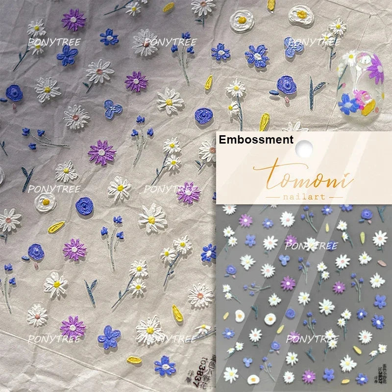 Chic Wild Flower Oil Painting Small Variegated Daisy Peach Blossom Lavender Petal Adhesive Nail Art Stickers Manicure Decals (Online Order Only)