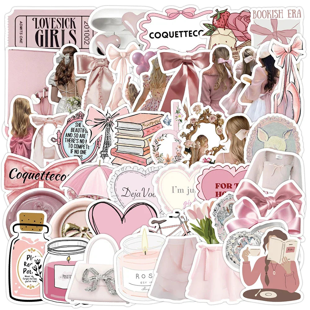Cute Pink Coquette Stickers 10/30/50pcs Cartoon Graffiti Scrapbook Fridge Guitar Phone Kids Gift (ONLINE ORDER ONLY)