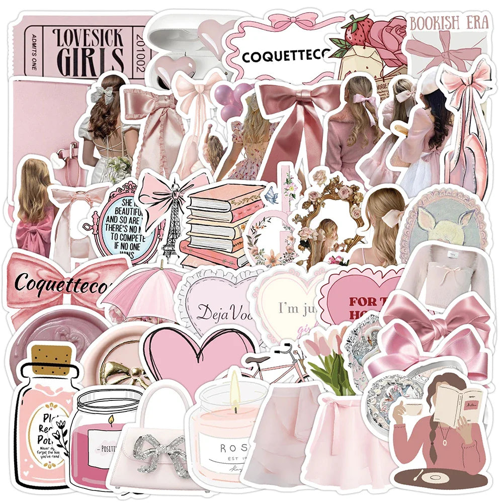 Cute Pink Coquette Stickers 10/30/50pcs Cartoon Graffiti Scrapbook Fridge Guitar Phone Kids Gift (ONLINE ORDER ONLY)
