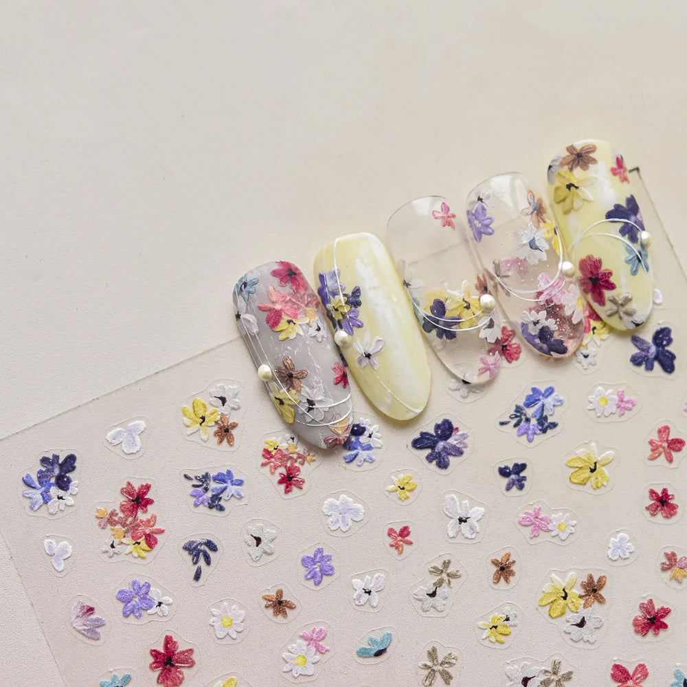 Wild Flower Oil Painting Small Variegated Daisy Peach Blossom Lavender Spring Petal Adhesive Nail Art Stickers Manicure Decals (Online Order Only)