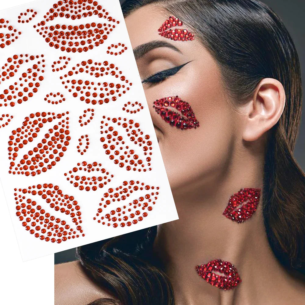 1PC Sexy Red Lips Rhinestone Iron-On Patches Waterproof Body Art Temporary Tattoo for Men Women Long Lasting Neck Funny Couple * (ONLINE ORDER ONLY)