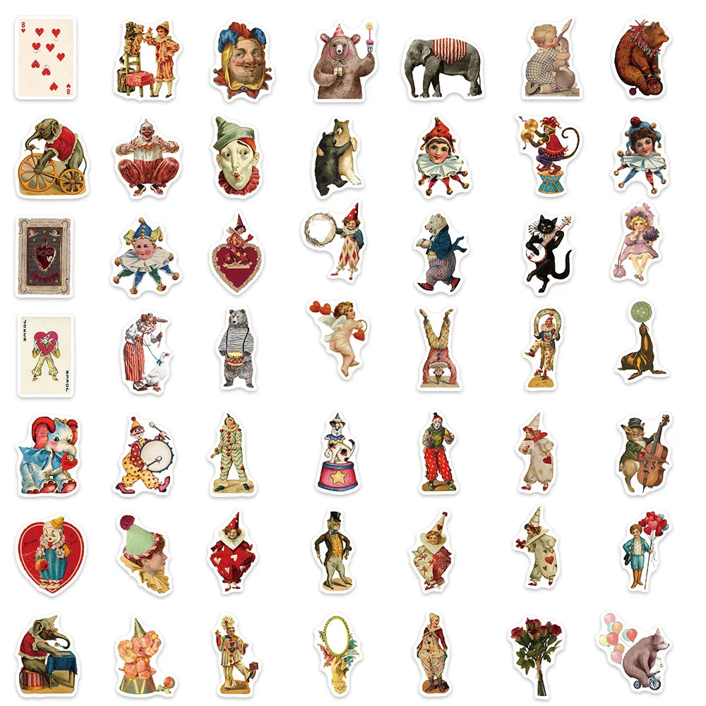 50PCS Vintage Circus Stickers Acrobatics Clown Retro Art Funny Aesthetic Graffiti Decals Scrapbook Laptop Bottle Sticker Gift (ONLINE ORDER ONLY)