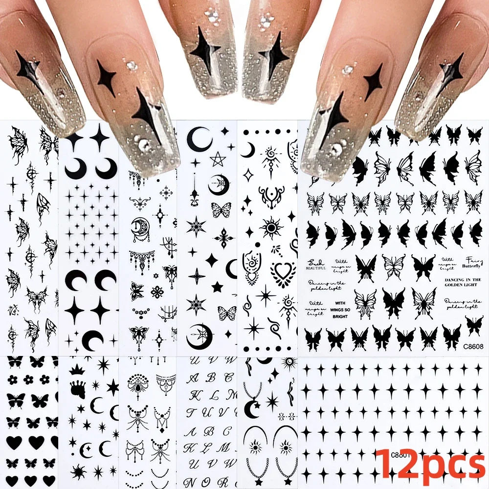 12PCS White Flowers Leaves 3D Nail Stickers Star/Moon/Sun Nail Art Decoration Decals Geometric Flower Stickers Nail Art Supplies (ONLINE ORDER ONLY)