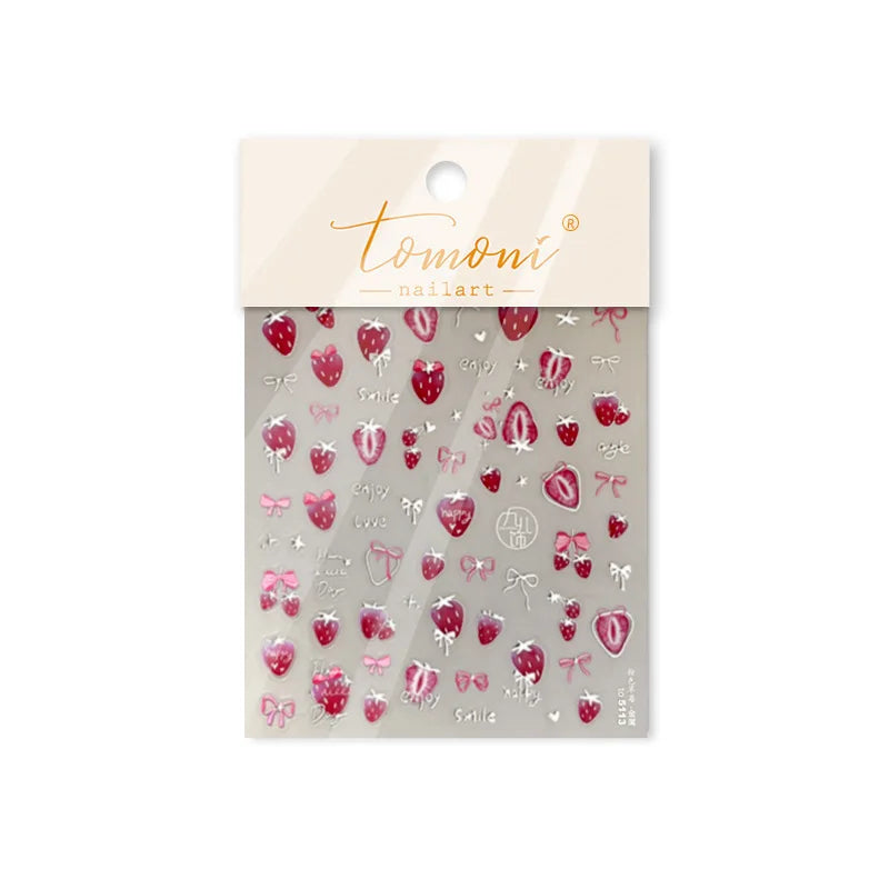 Pink Juicy Strawberry Fruit Cutting Line Ribbon Bowknot Star Happy Sweet Lovely Fruits Delicate Nail Art Stickers Manicure Decal (ONLINE ORDER ONLY)