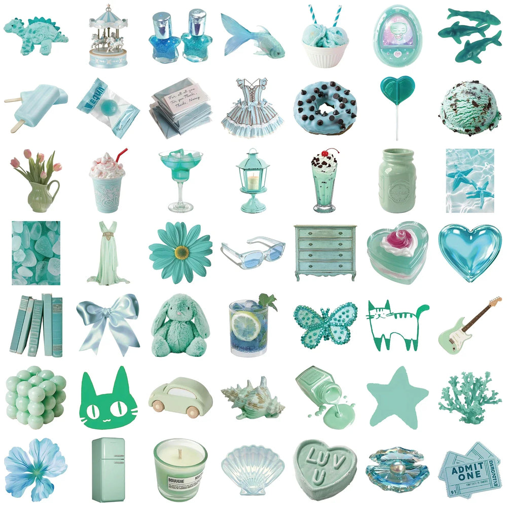 50pcs Ins Style Mint Green Stickers Aesthetic Summer Cartoon Decals Decoration DIY Waterproof Skateboard Laptop Phone Toys (Online Order Only)