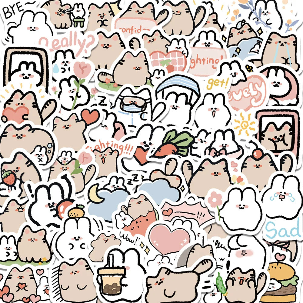 60PCS Cute Cat & Rabbit Stickers for DIY Notebook Luggage Laptop Decals (Online Order Only)