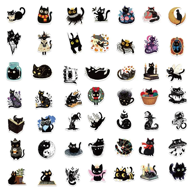 10/30/50PCS Cartoon Black Star Cat PVC Sticky Sticker Aesthetic DIY Stationery Decoration Scrapbooking School Supplies for Kids (ONLINE ORDER ONLY)